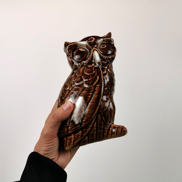70s Brown Mirror Glaze Ceramic Owl Figurine - Picture 7 of 10